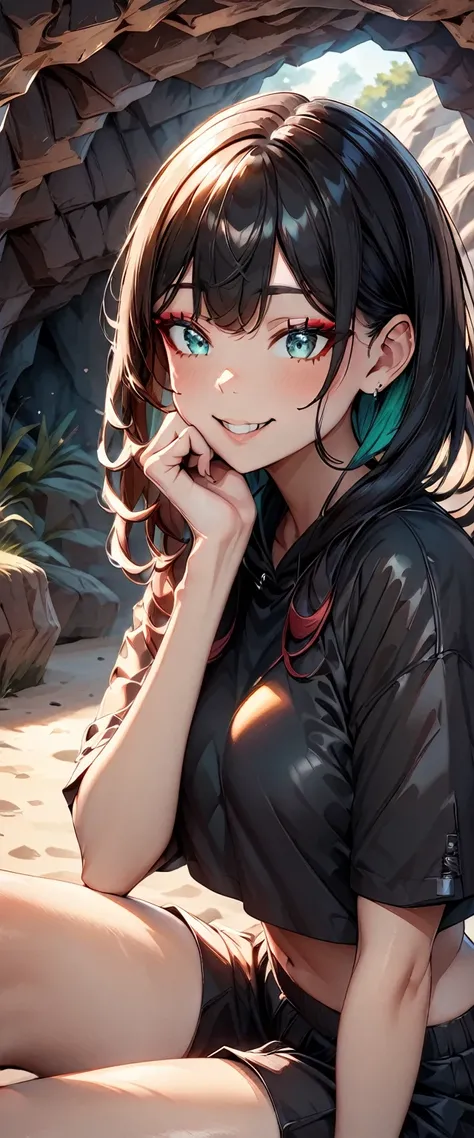 Photo of a girl with natural skin, ((Baby Face)), Grinning, Smiling, ((Sitting, Cheek resting on hand)), From the side, Round face, A girl wearing mainly black and red, ((Upper Body)), Beach cave, The light is shining in, High Twintails, Black hair with re...