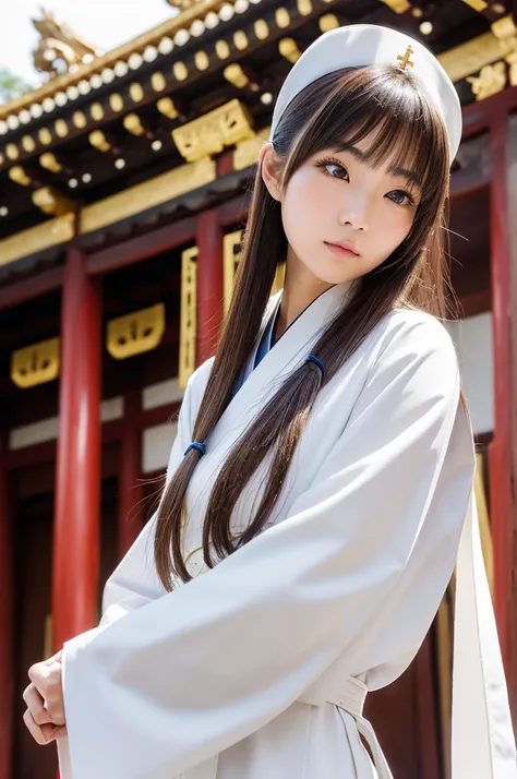 Japanese female priest、Wearing a white hunting costume、Sideways、Holding a pair of silver sewing scissors、Gold hair ornament on the back of the head、Dark brown hair、Straight Long Hair、In the temple grounds、Upper body close-up