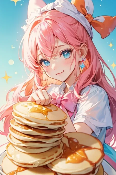 A stack of slightly tilted pancakes covered with thick white icing. Three sprinkles adorn the side, including one of sky blue, pink, and orange. A dripping pink bow rests at her ears. She makes a winking face.  SPARKLE; GLITTER