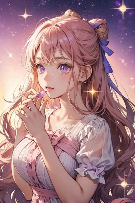 A light girl brown cinnamon roll with rows of violet-colored icing. A pale pink bow rests on her right ear. She has a basic face.  SPARKLE; GLITTER