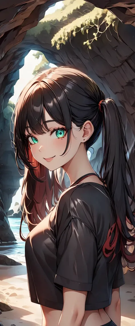 Photo of a girl with natural skin, ((Baby Face)), Smiling, ((Tilt your head)), From the side, Round face, A girl wearing mainly black and red, ((Upper Body)), Beach cave, The light is shining in, High Twintails, Black hair with red mesh, Sharp eyes with re...