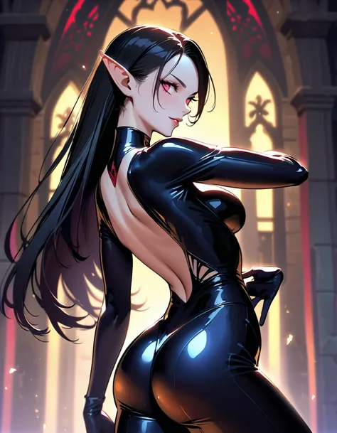 A close-up shot of the dark assassins face, her wicked smile captivating as she gazes directly into the camera. Her jet-black skin glows in the dimly lit setting, accentuating her porcelain-like complexion. Pointy ears and striking features are framed by r...