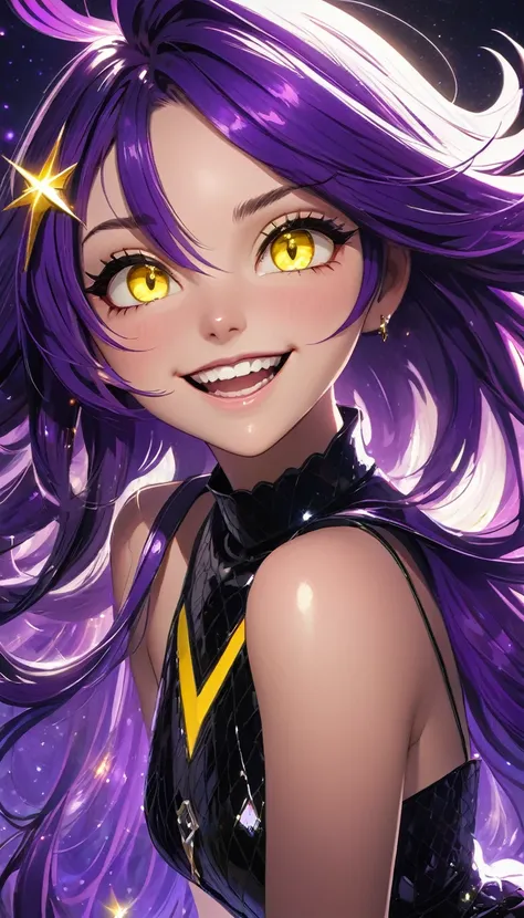 purple hair, colored inner hair, medium hair, shiny hair, yellow eyes, ringed eyes, longeyelashes, evil smile, fingersmile, seductive smile, naughty, happy, skin fang, raised eyebrow, Surrealism, Conceptual art, Surrealism, glowing light, sparkle, cinemati...