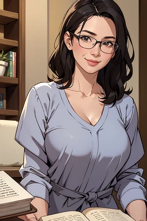 8k, highest quality, masterpiece, Realistic, Photorealistic, Ultra-detailed, Natural light, large breasts with good shape, I can see her cleavage, 1 person, 40-year-old woman, Black Hair, Beaver, Straight Hair, Silver-rimmed glasses, (Look at the viewers),...