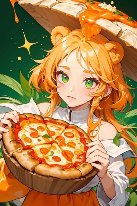 A pizza bear girl Num with a basic expression. sHe has orange sauce around the top of her crust while her left ear is covered with dripping cheese. Melted cheese also comes down her head. sHe has 2 large pepperonis with green herb shavings beside them. SPA...