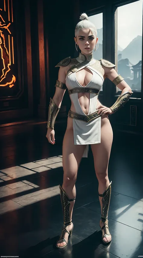 ((Full body photo, standing, on the floor))Kiernan shipka, white one side shaved haircut, in mortal kombat Shao Kahn outfit, full body, provocative pose, cinematic, intricate details, ray tracing, hell background.