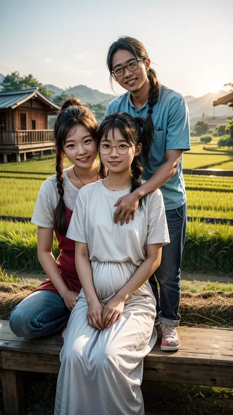 "A 34-year-old Indonesian man with glasses and short, messy hair sits between two pregnant 18-year-old Korean women with ponytail hairstyles and braided backs. The background is a countryside setting with a wooden building and rice fields illuminated by th...