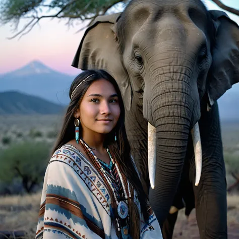 (grainy:0.5), cinematic, beautiful girl 25 year old,native american,fantasy,(solo:1.3), detailed eyes, detailed face, detailed native american clothing , volumetric lighting, dusk, extremely detailed background, standing next to tree and mountain, smiling,...