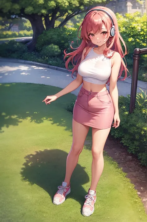 ((masterpiece, best quality, ultra-detailed)), 1girl, beautiful woman in park, smiling, blush, wearing pink cropped tank top and headphones, denim pencil skirt, medium length skirt, sneakers, full body, wavy red hair, wide hips, hand on hip, summer garden,...