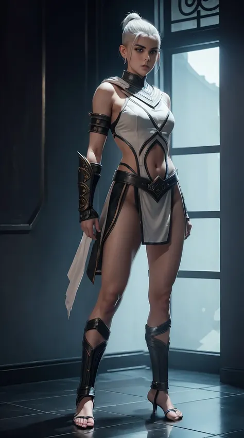 ((Full body photo, standing, feet on the floor))Kiernan shipka, white one side shaved haircut, in mortal kombat Shao Kahn outfit, full body, provocative pose, cinematic, intricate details, ray tracing, hell background.