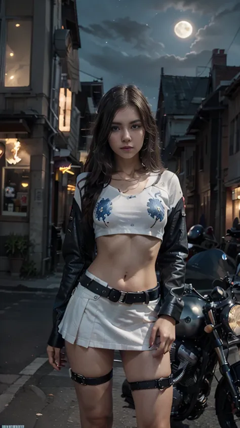 17-year-old waifu poses in front of a futuristic motorcycle, the motorcycle has skulls and blue flames, highly detailed 3d graph...