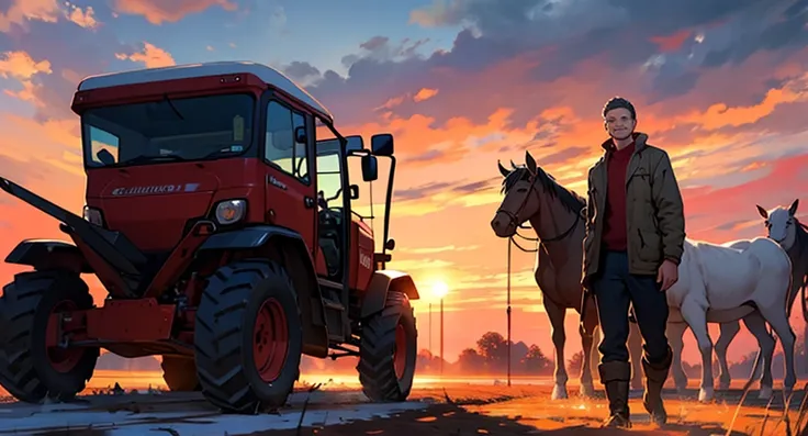 Man smiling on the farm, holding plow, crimson sky