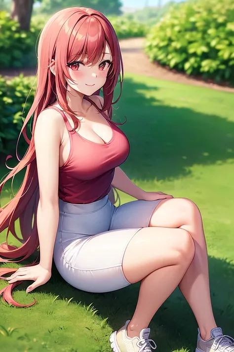 ((masterpiece, best quality, ultra-detailed)), 1girl, beautiful woman in park, smiling, blush, wearing pink tank top, long pencil skirt, sneakers, full body, wavy red hair, wide hips, hand on hip, summer garden, park