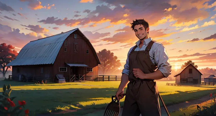 Man smiling on the farm, holding hoe, barn in background, crimson sky