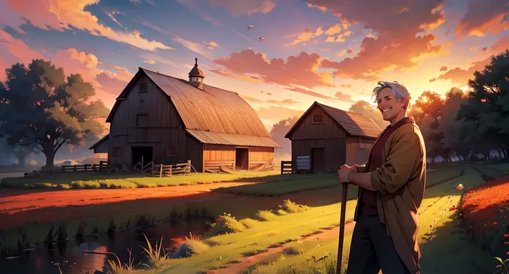 Man smiling on the farm, holding hoe, barn in background, crimson sky