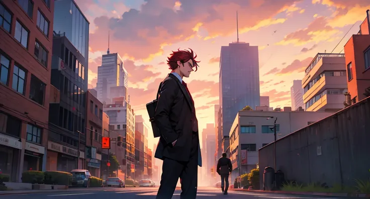 Sad man in the city, holding a briefcase, Building in the background, crimson sky