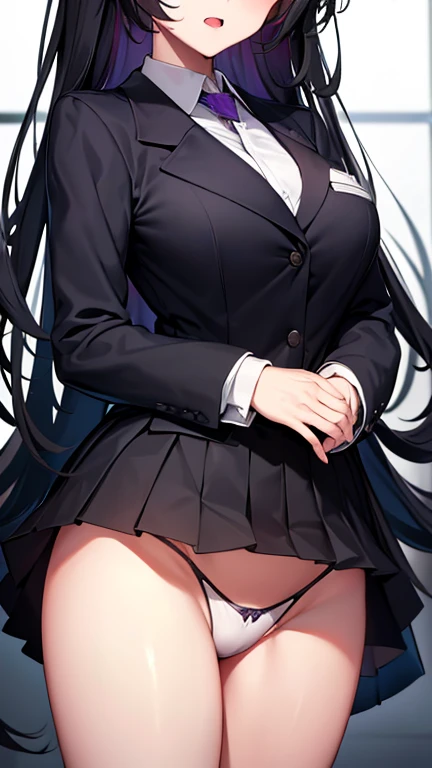 Highest quality, Soft Light, Ultra-high resolution,People Girls, alone, sexy, (Ecstatic face), (Purple eyes), Beautiful face in every detail,(High resolution detail of human skin texture), (Black long hair), break,Dress shirt,tie,Blazer uniform,Pleated ski...