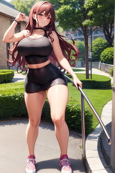 ((masterpiece, best quality, ultra-detailed)), 1girl, beautiful woman walking in park, smiling, blush, wearing pink crop top and tight black midi pencil skirt, sneakers, full body, wavy red hair, wide hips, hand on hip, summer garden, park