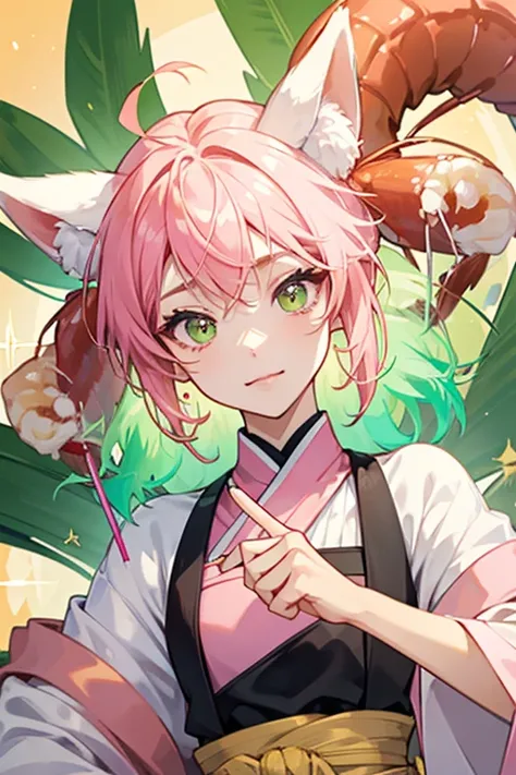 Ama Ebi is made of whice rice with a basic face and black whiskers. Her ears are pink to match the shrimp on top of her head. A single green bang sticks out, most-likely wasabi. SPARKLE; GLITTER