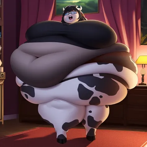 Female cow, bovine, cow woman, bovine, cow girl, cow, a goth woman, (dark brown fur), dark brown fur, black spots, black noes, cow, cow face, a tall and curvy figure, highres, and a hyper massive voluptuous body. She has large thick fat breasts, (gigantic ...