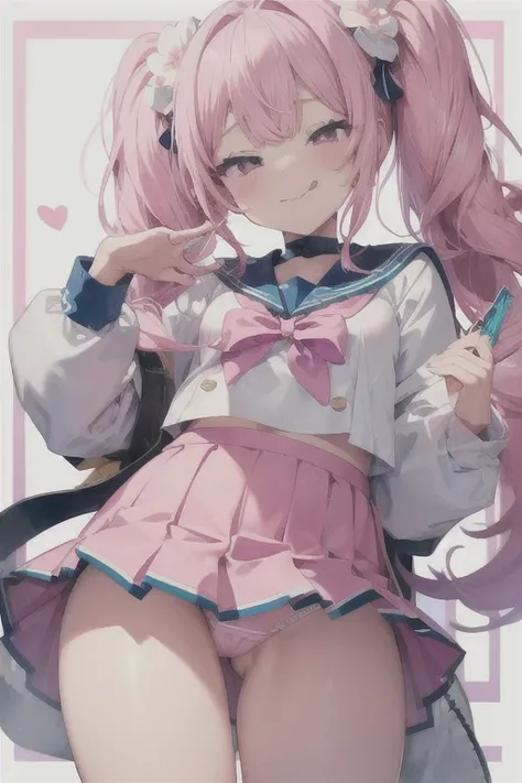 pretty girl、Young face、Pink Hair、Twin tails、Wavy Hair、Pink eyeischievous face、Spoiled brat、uniform、（Sailor suit）、Immature body、Small breasts、Sticking out tongue、Long and cute tongue、smile、Sweat、sexy panties、（Thick thighs:1.5)