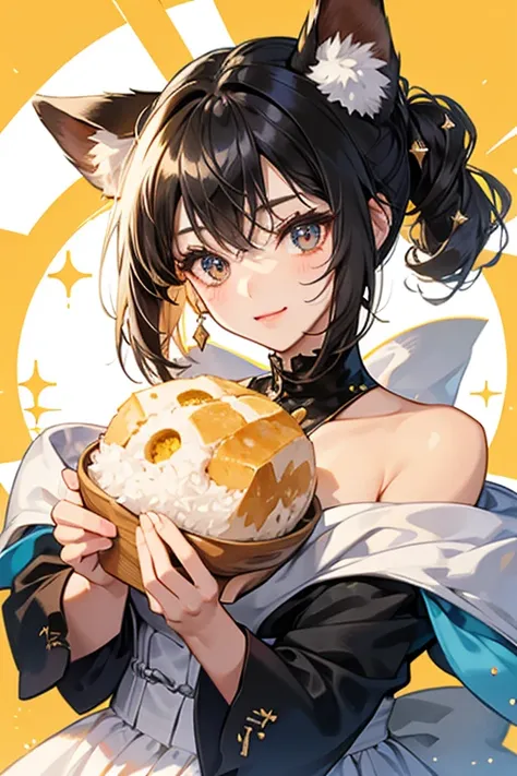 She is a ball of rice with a winking eye. Around the top of her head is a tan piece of fried tofu that covers her dog ears, adorned with a single black bow. SPARKLE; GLITTER