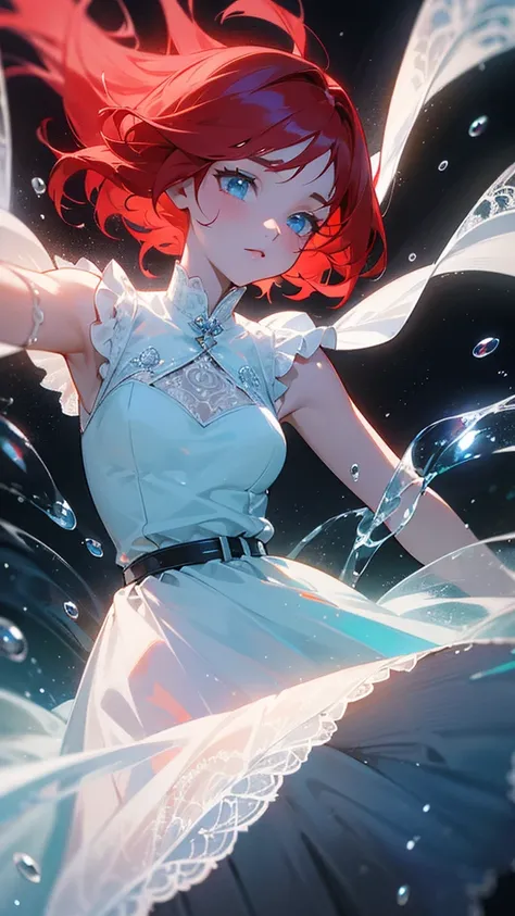 Red haired, young woman, fantasy, wearing a Billowing skirt, the skirt is made out of light blue glowing water drops, defined waistband, and lace added, dark lighting, glowing water, water droplet dress