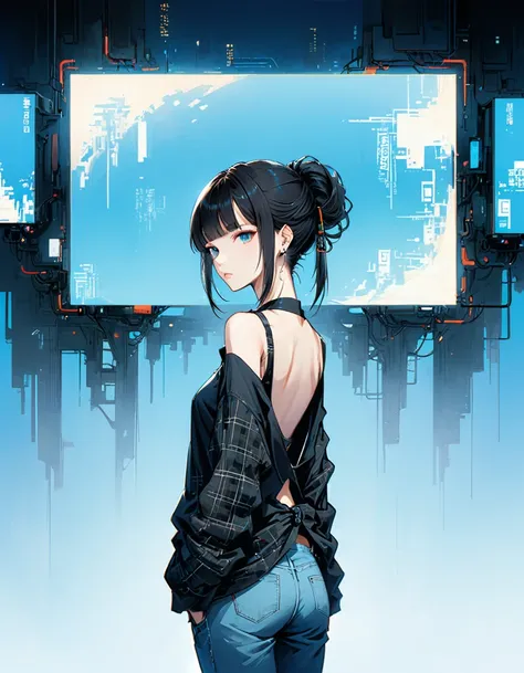 style of santiago caruso,1 Girl,Solitary，Blue Background，Oversized ，Hip-hop style，Black plaid sleeveless T-shirt，jeans，One hand behind your Back，Looking at the audience，(Soft and Straightforward Cyberpunk Hairstyle:1.5)发光的荧光head发，Simple style，Wide Angle,Dy...