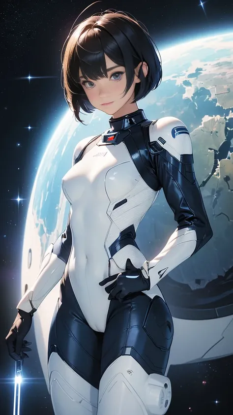 (masterpiece、highest quality、highest resolution、clear_image、Detailed details): (full body figure、15 year old girl、Japanese face、small face、thin、navy blue super short bob cut hair、blue colored eyes、((navy long sleeve space suit、space helmet))、headset、cosmic...