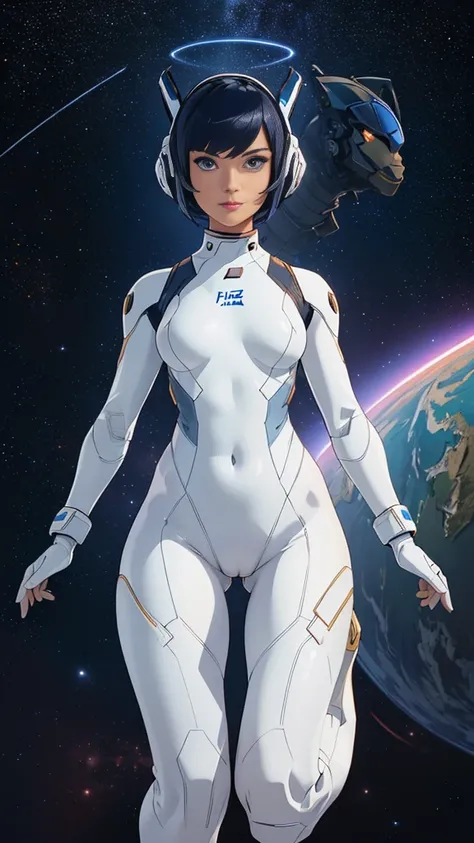 (masterpiece、highest quality、highest resolution、clear_image、Detailed details): (full body figure、15 year old girl、Japanese face、small face、thin、navy blue super short bob cut hair、blue colored eyes、((navy long sleeve space suit、space helmet))、headset、cosmic...