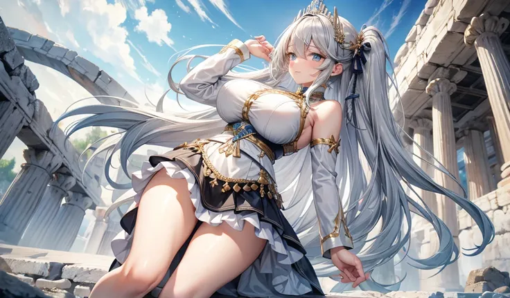 Silver-haired adult woman with huge breasts，greek clothing，Bare arms，skirt，thigh，white palace