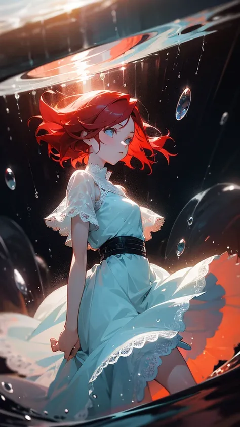 Red haired, young woman, fantasy, wearing a Billowing skirt i fused with water droplets, defined waistband, and lace added, dark lighting, glowing water droplets, water droplet dress, light blue water droplets