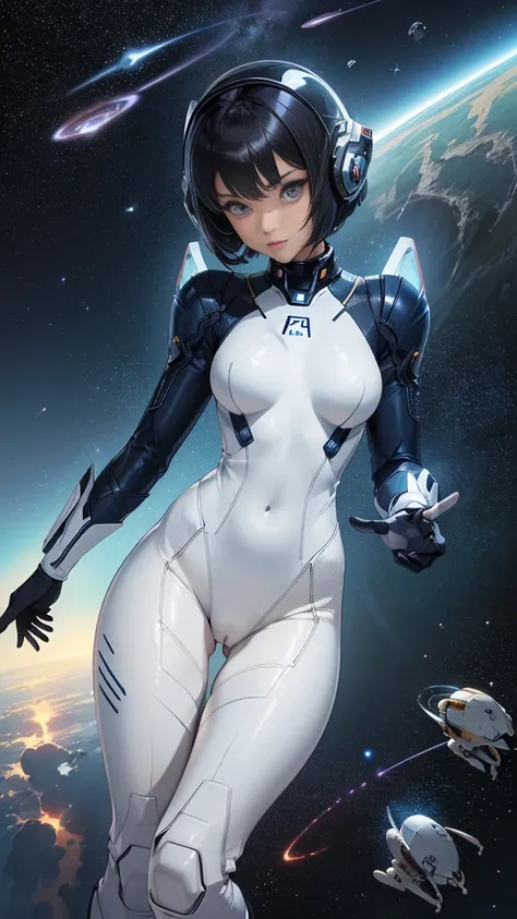 (masterpiece、highest quality、highest resolution、clear_image、Detailed details): (full body figure、15 year old girl、Japanese face、small face、thin、navy blue super short bob cut hair、blue colored eyes、((navy long sleeve space suit、space helmet))、headset、cosmic...