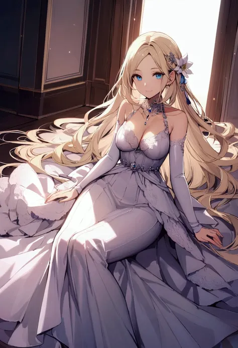 slender, mature female,1girl, long_hair, very_long_hair, blue_eyes, smile, dress, hair_ornament, looking_at_viewer, cleavage, breasts, sitting, lying, bangs, bare_shoulders, long_dress, blond_hair, dress, medium_breasts, dress, frills, parted_bangs, indoor...