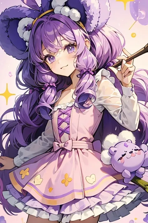 A curly, purple puff girl of cotton candy with bear ears. She is winking and wears a grape-colored bow by the smaller puffs that stick up. SPARKLE; GLITTER