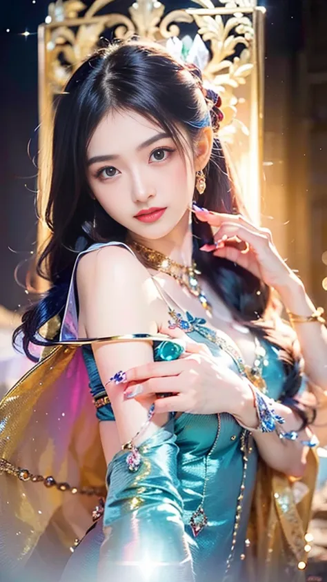 The scene is on the moon，In Journey to the West, The goddess Nuwa holds the galaxy in her palm，ornate garment，long leges，gem jewelry，Artistically，ultraclear，complex，Extremely detailed，Hair color random，Hairstyle Random，8k