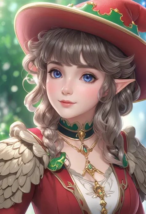 1girl, elf, short curly hair with bangs, preppy style, french girl, wearing a cute hat, detailed facial features, intricate hair...