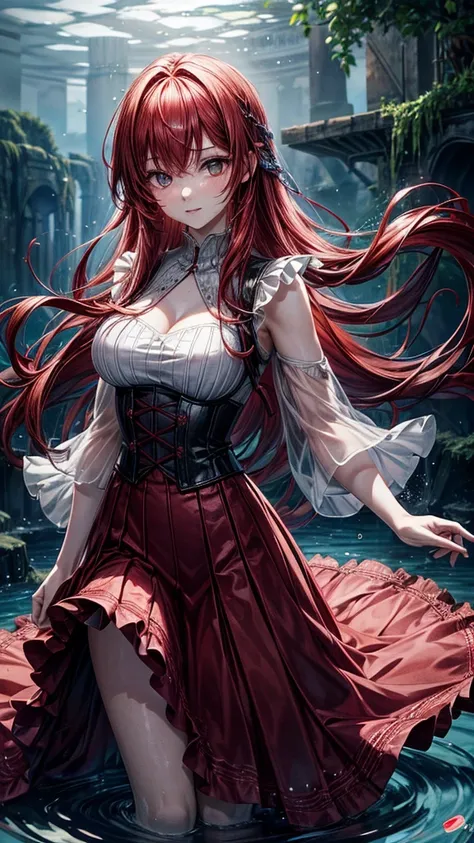 Red haired, young woman, fantasy, wearing a Billowing skirt i fused with water droplets, defined waistband, and lace added, dark lighting, glowing water droplets, water droplet dress, light blue water droplets