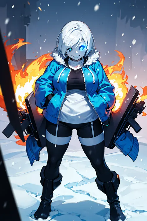 Sans blue jacket black shirt fire eyes skull smile long eyelashes white short hair glowing face blue keel cannon standing alone in the snow town Femininefull Super huge big breasts breast enlargement full-body shot