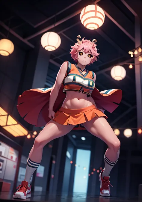 mina ashido, 1girl, solo, looking at viewer, short hair, simple background, yellow eyes, pink hair, horns, colored skin, colored sclera, black sclera, pink skin, U.A. CheerUniform, orange skirt, (bare belly), perfect shading, bare shoulders, big breasts