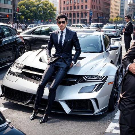 Rich billionaire businessman in informal dress with his supercar