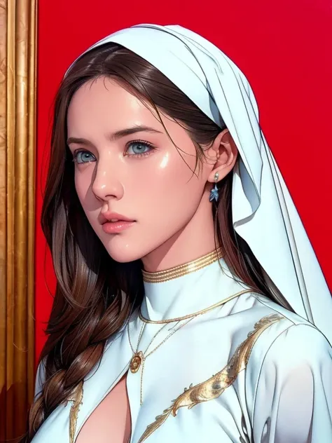 a beautiful ultra-thin realistic portrait of the virgin mary, white outfit with blue details, ((divinity)), whole body, biblical...