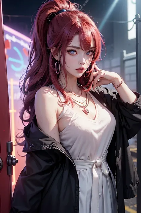 Hair above one eye, Red Eyes, Clear eyes, Necklace, Neon shirt, Damaged Leg Garment, Cardigan jacket, Towards the wall, Brick Wall, Graffiti, shineing grafiti, shineing tattoos, shine, Neon lights, rays of black light,Anime style, Film Portrait Photography...