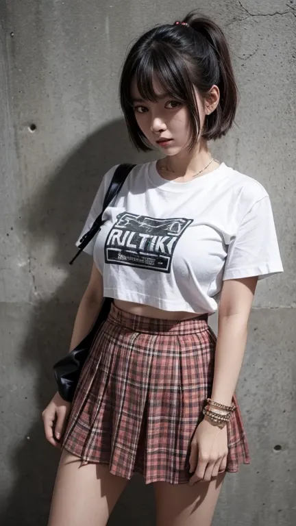 solo , 1girl , Thai girl , shirt rock punk styes , big breast , skirt rock punk styes , bracelet