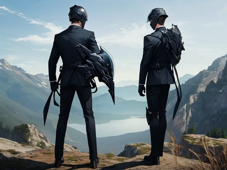 a luxury sales suit man wearing a black rider full-face helmet overlooking wilderness,full body,standard rider black full face h...