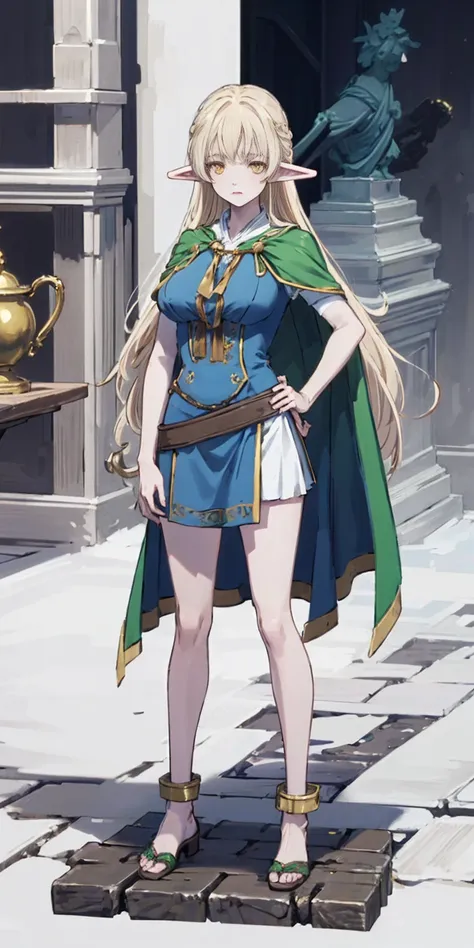 masterpiece, best quality, high quality, elf, long hair, pale hair, yellow eyes, purple skin, deep blue cape with golden ornaments (1solofemale full body standing straight symmetrical, hands on hips) slave with stocks