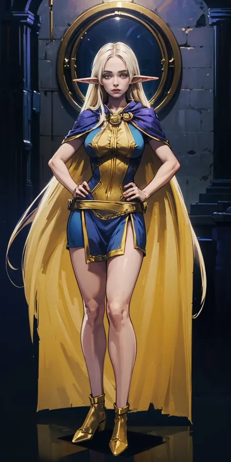 masterpiece, best quality, high quality, elf, long hair, pale hair, yellow eyes, purple skin, deep blue cape with golden ornaments (1solofemale full body standing straight symmetrical, hands on hips)