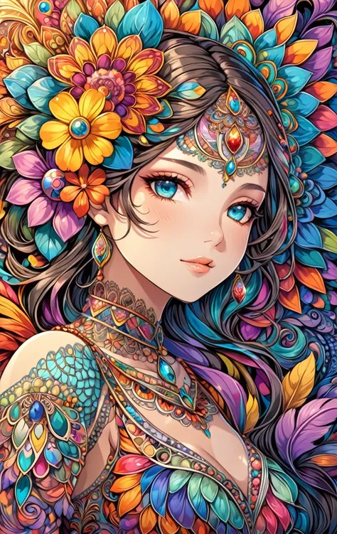 masterpiece,top quality,best quality,official art,beautiful and aesthetic,(1girl:1.2),extremely detailed,(fractal art:1.1),colorful,flowers,highest detailed,zentangle,abstract background,shiny skin,many colors,feathers,