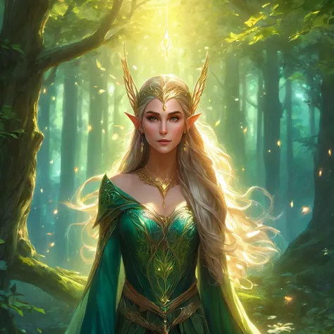 a beautiful elf woman, detailed facial features, long pointed ears, ethereal and glowing skin, ( full-body shot），long flowing ha...