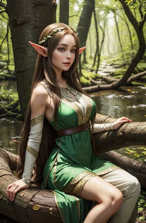 beautiful female elf, silky light brown long hair, elf ears, almond eyes, thin lips, round face, huge breasts, sitting on a fall...